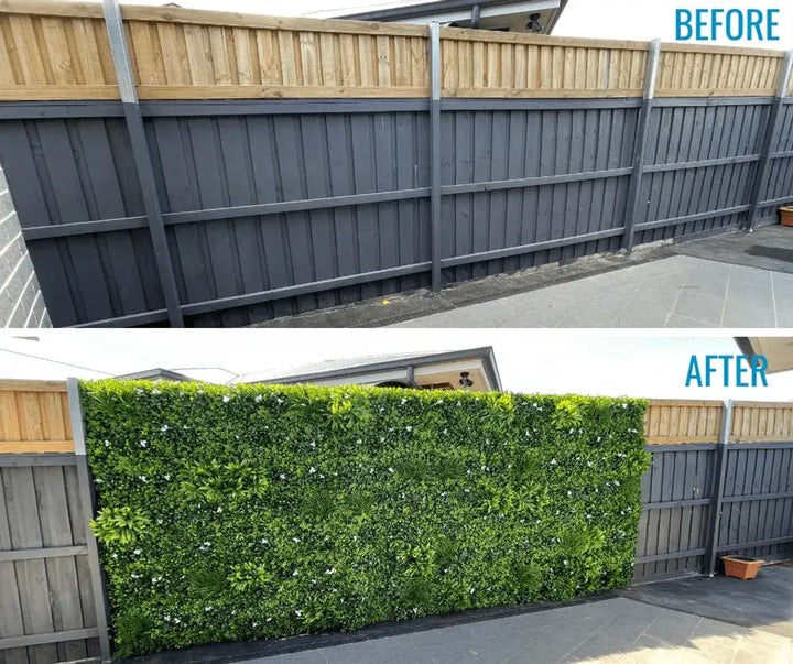 A before-and-after comparison of a garden fence. The top panel shows an unfinished wooden fence with dark gray painted lower boards and vertical posts, labeled 'BEFORE'.