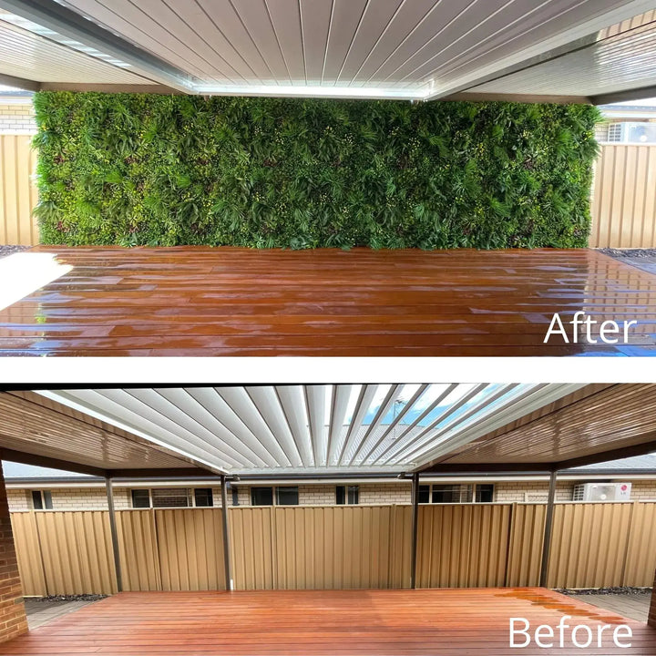 Before and after comparison of a wooden deck and green wall under a covered patio. The top image is labeled 'After' and shows a glossy, well-maintained wooden deck with a lush green hedge.