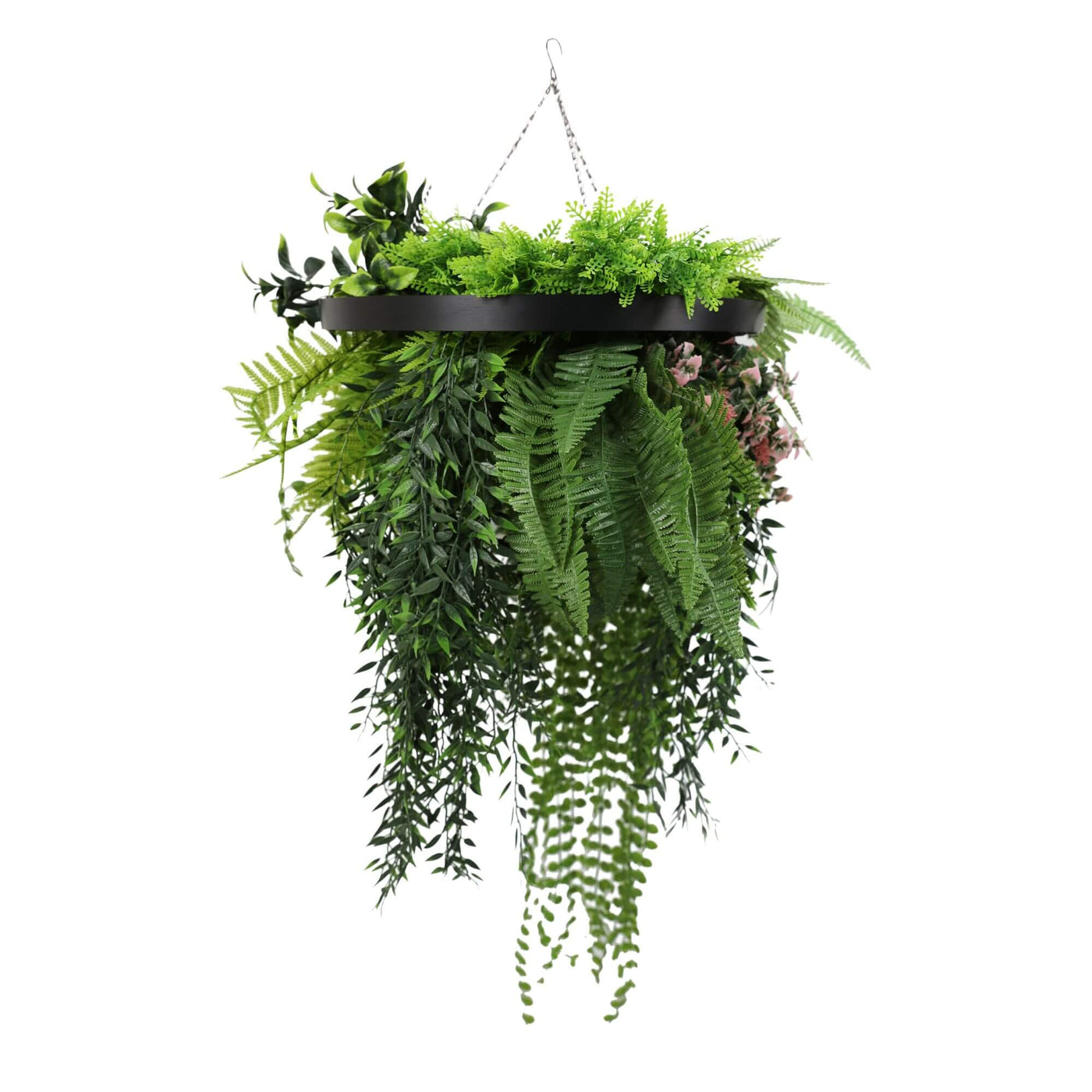 Black Artificial Hanging Plant Disc Chandelier with Lush Draping Foliage — 40cm UV Resistant - Designer Plants