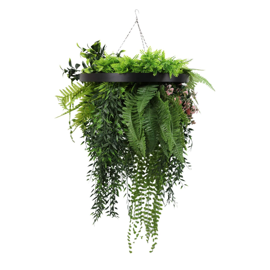 Black Artificial Hanging Plant Disc Chandelier with Lush Draping Foliage — 40cm UV Resistant - Designer Plants
