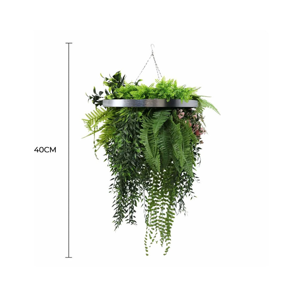Black Artificial Hanging Plant Disc Chandelier with Lush Draping Foliage — 40cm UV Resistant