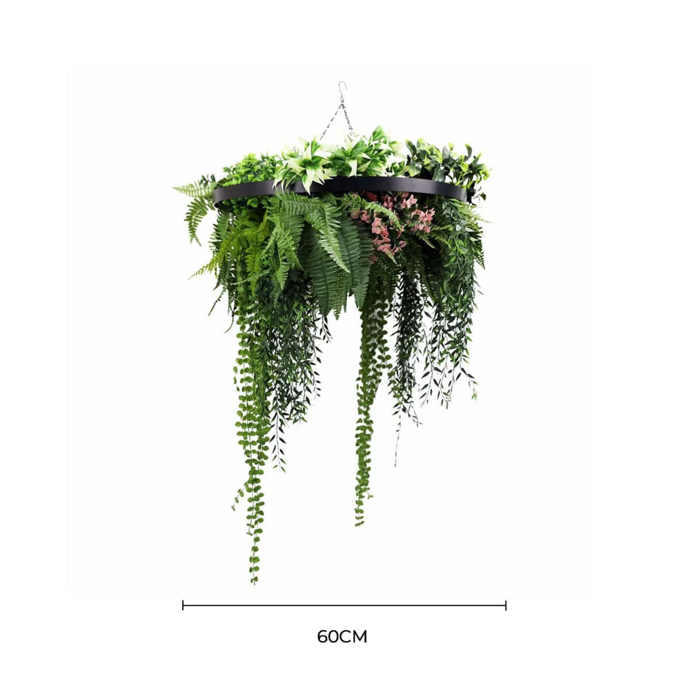 Black Artificial Hanging Plant Disc Chandelier with Premium Fern Foliage & Trailing Greenery — 60cm UV Resistant