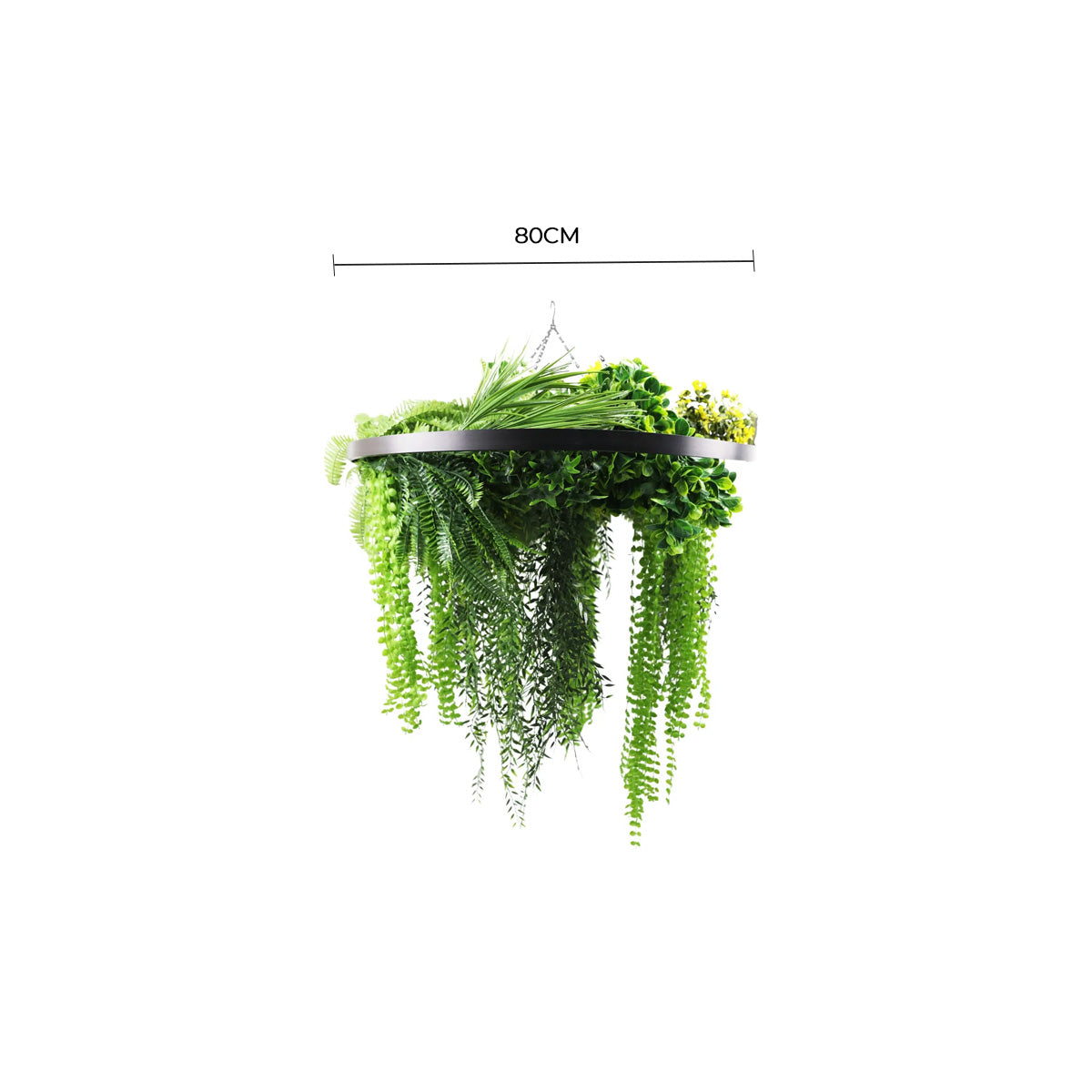 Black Artificial Hanging Plant Disc Chandelier with Realistic Draping Greenery & Ferns — 80cm UV Resistant