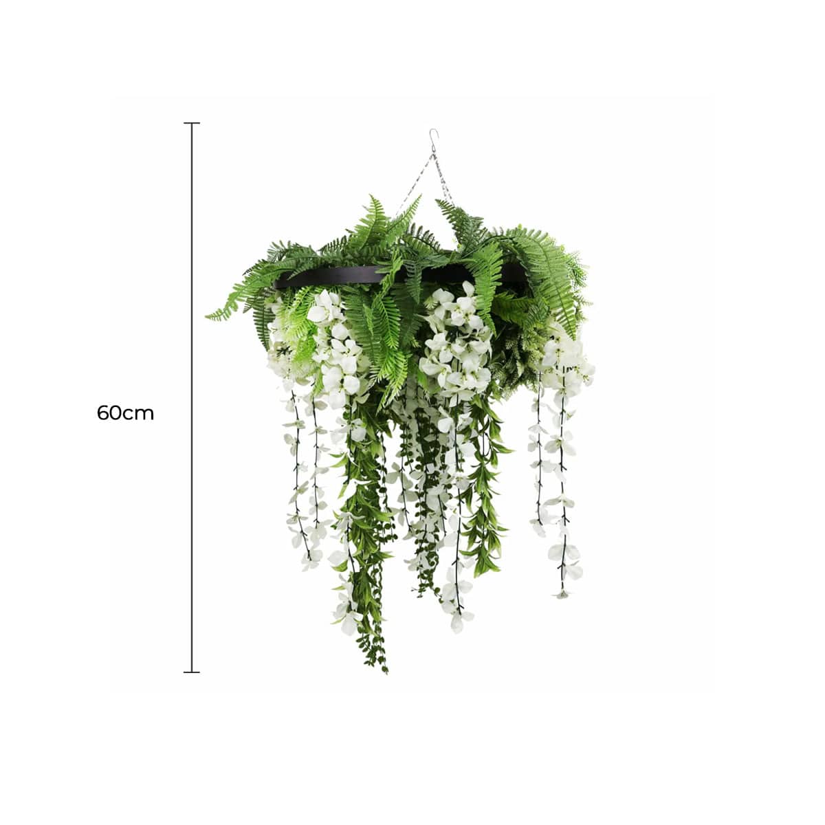 Black Artificial Hanging Wisteria Disc Chandelier with Trailing White Blooms & Fern Foliage — 60cm UV Resistant
