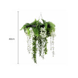 Black Artificial Hanging Wisteria Disc Chandelier with Trailing White Blooms & Fern Foliage — 60cm UV Resistant
