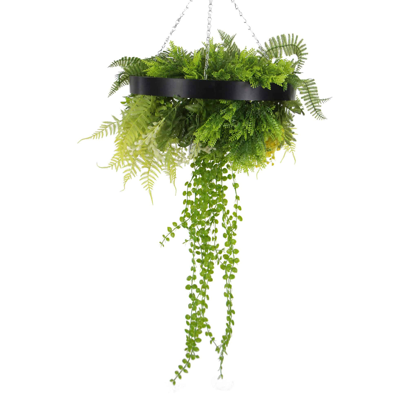 Black Artificial Hanging Plant Disc Chandelier with Cascading Greenery & Trailing Foliage — 40cm