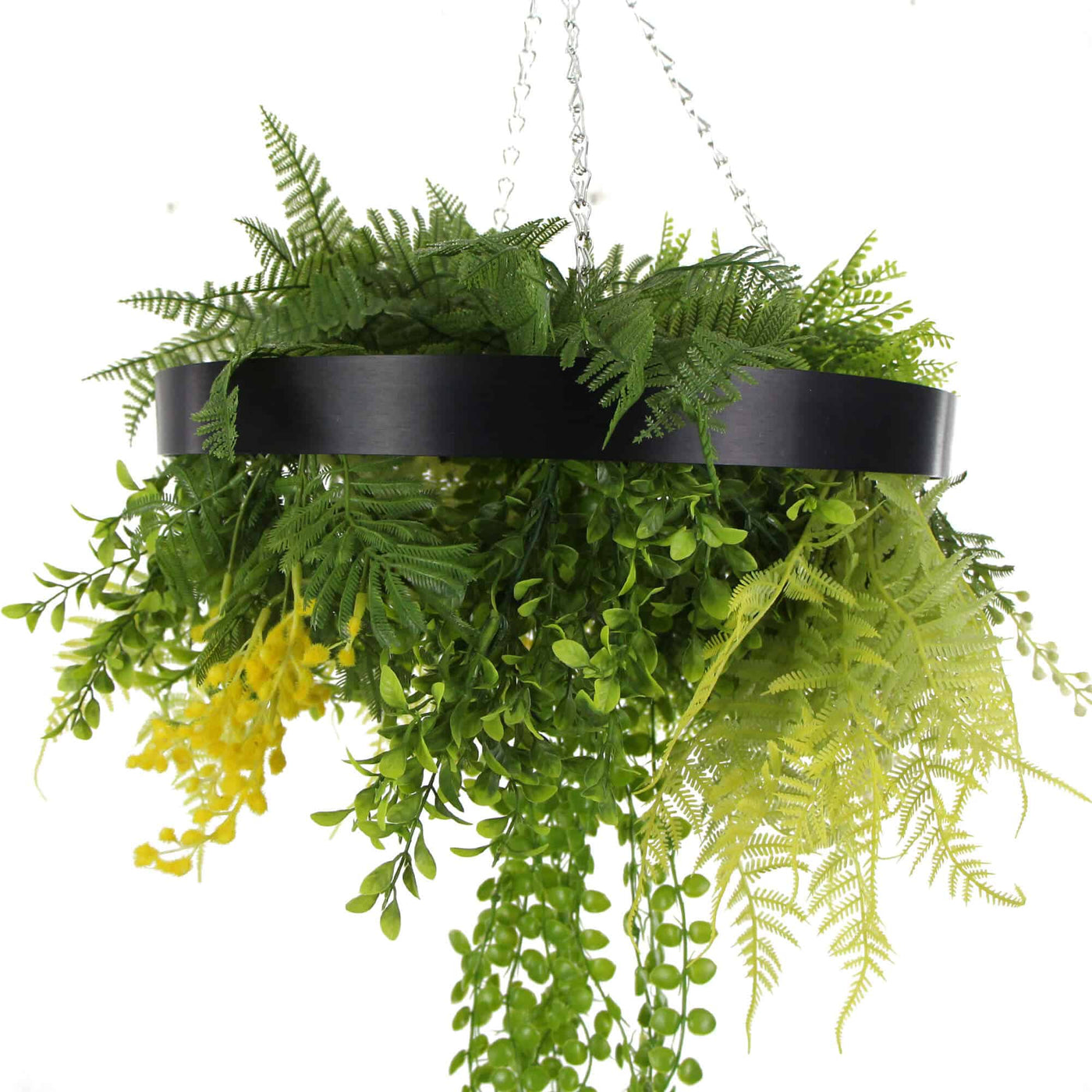 Black Artificial Hanging Plant Disc Chandelier with Cascading Greenery & Trailing Foliage — 40cm