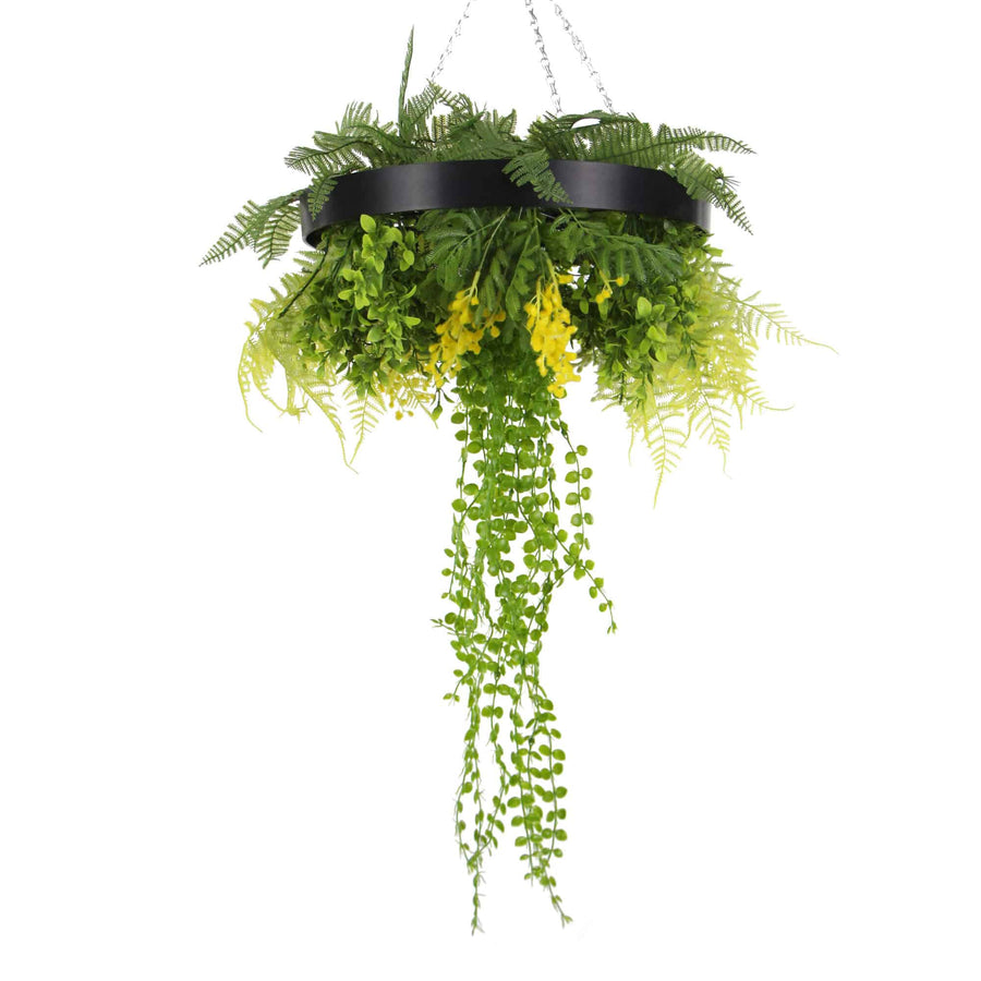 Black Artificial Hanging Plant Disc Chandelier with Cascading Greenery & Trailing Foliage — 40cm - Designer Plants