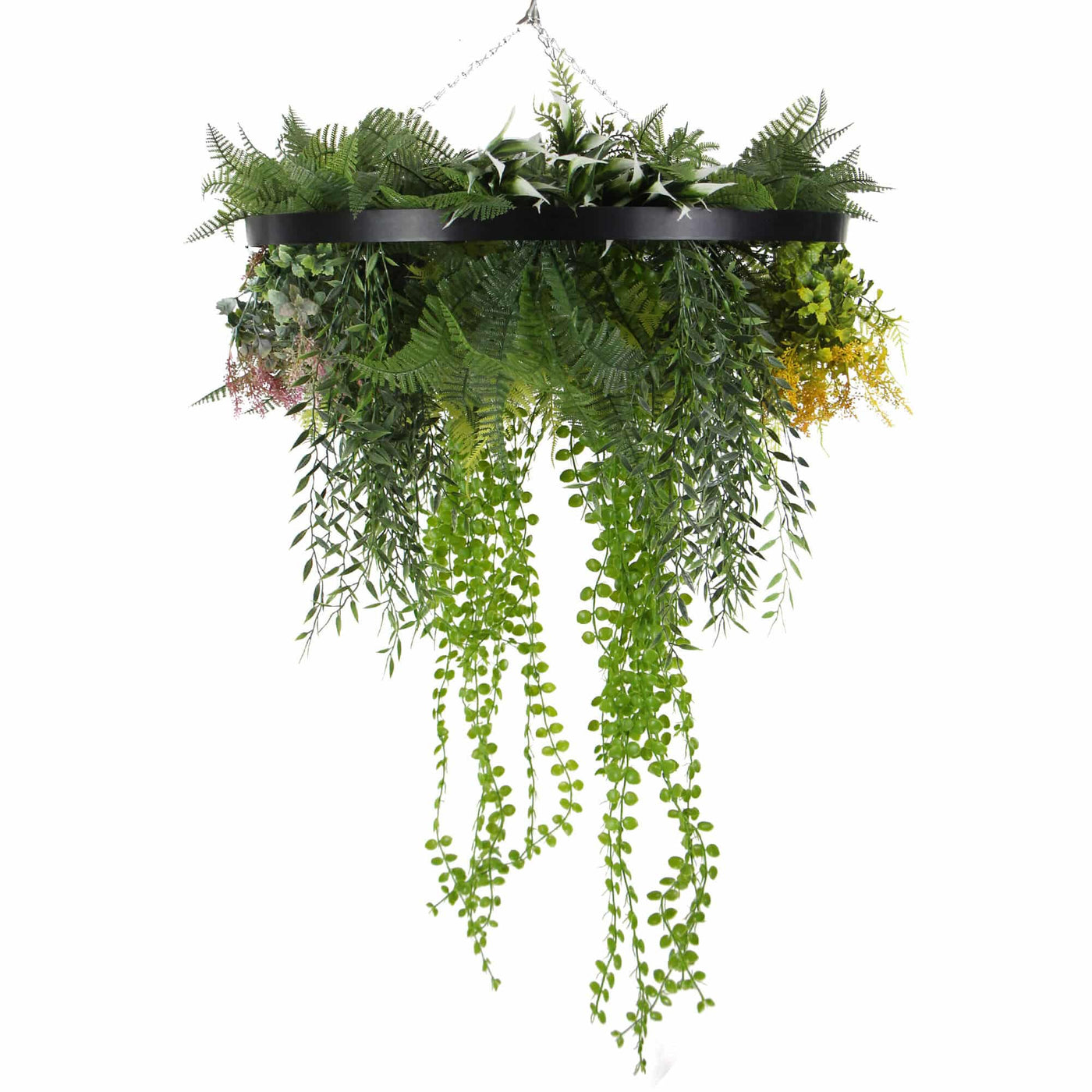 Black Artificial Hanging Plant Disc Chandelier with Cascading Greenery & Trailing Foliage — 60cm