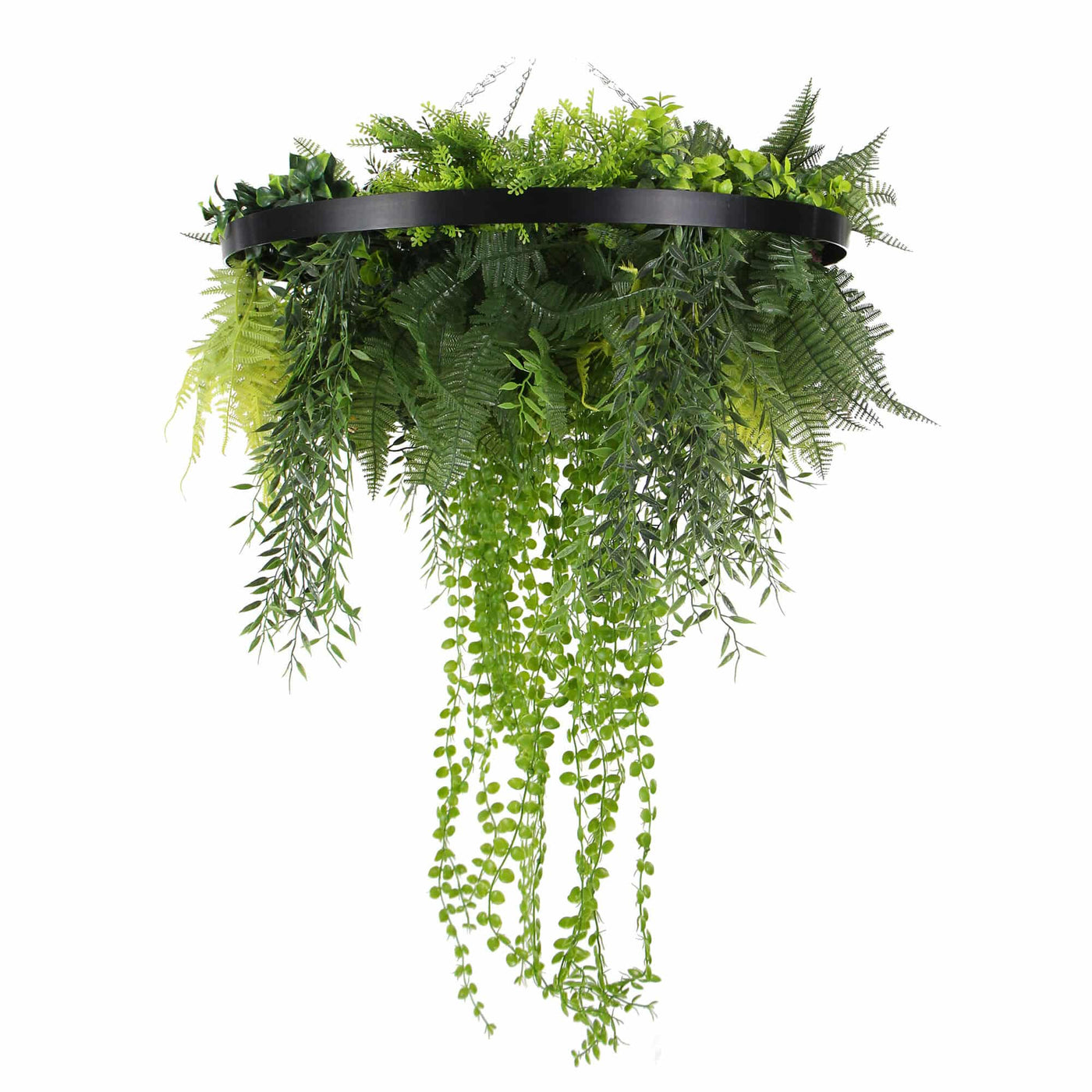 Black Artificial Hanging Plant Disc Chandelier with Cascading Greenery & Trailing Foliage — 60cm