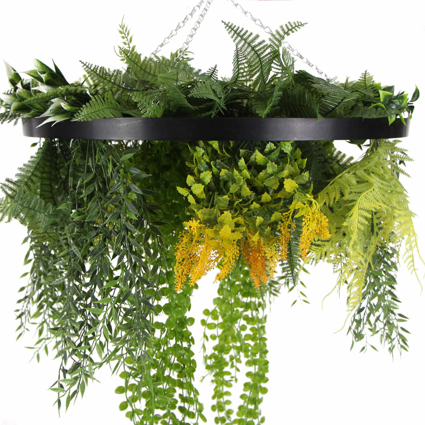 Black Artificial Hanging Plant Disc Chandelier with Cascading Greenery & Trailing Foliage — 60cm