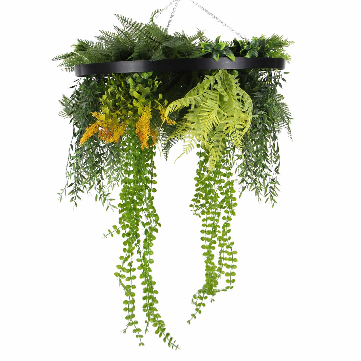 Black Artificial Hanging Plant Disc Chandelier with Cascading Greenery & Trailing Foliage — 60cm - Designer Plants