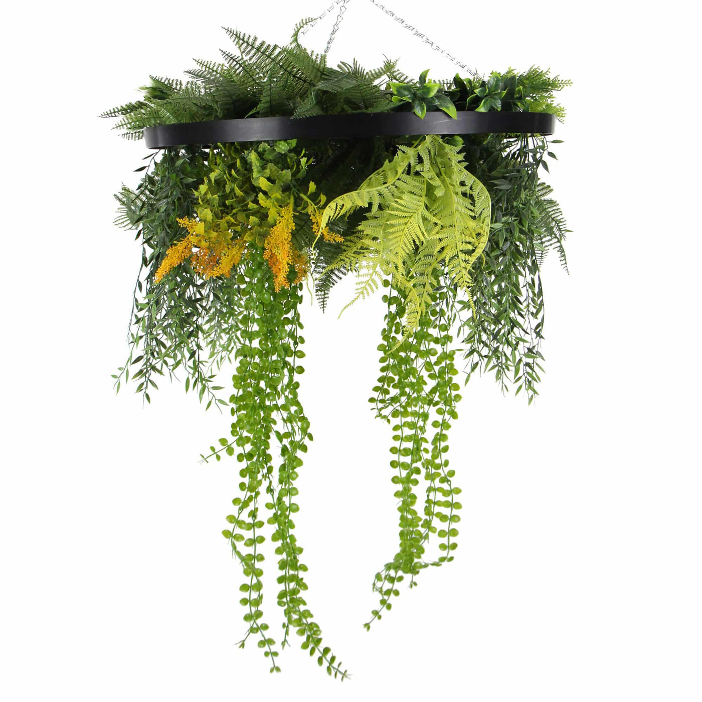 Black Artificial Hanging Plant Disc Chandelier with Cascading Greenery & Trailing Foliage — 60cm - Designer Plants