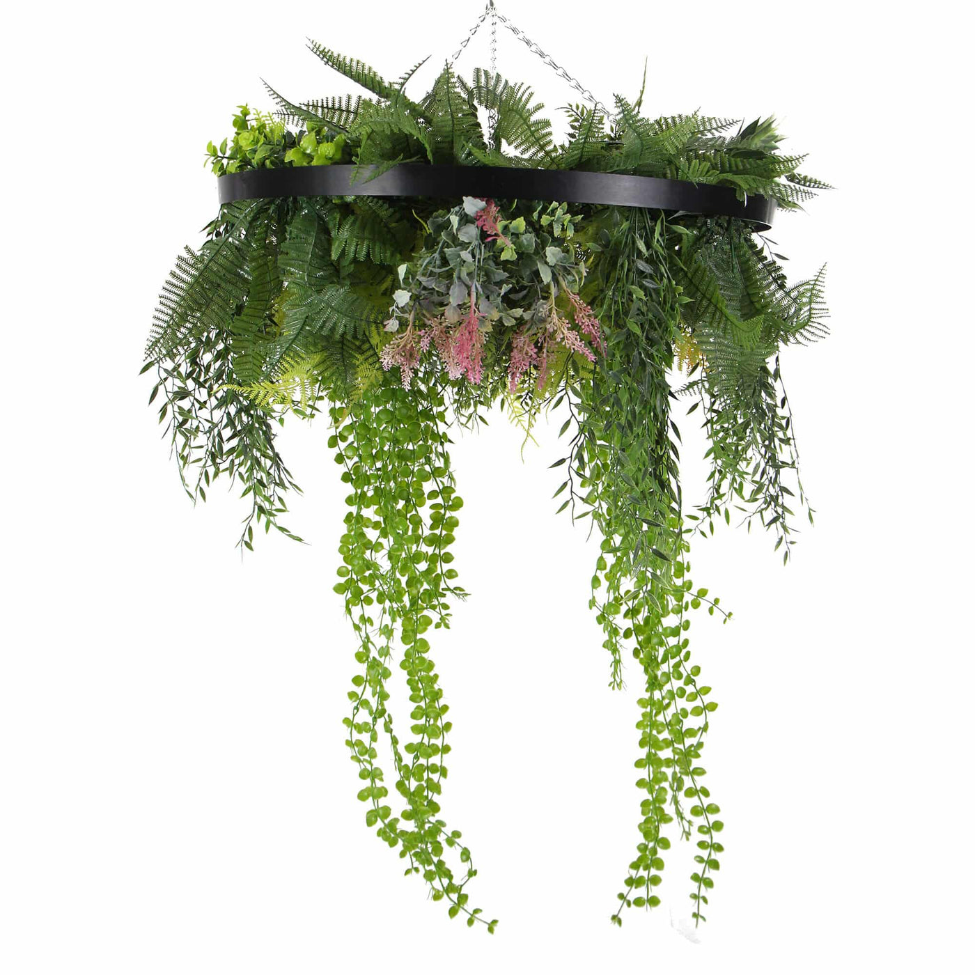 Black Artificial Hanging Plant Disc Chandelier with Cascading Greenery & Trailing Foliage — 60cm