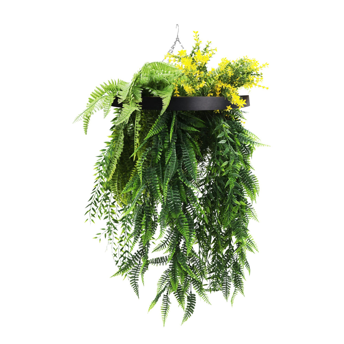 Black Artificial Hanging Plant Disc Chandelier with Bright Tropical Trailing Foliage & Draping Ferns — 40cm UV Resistant