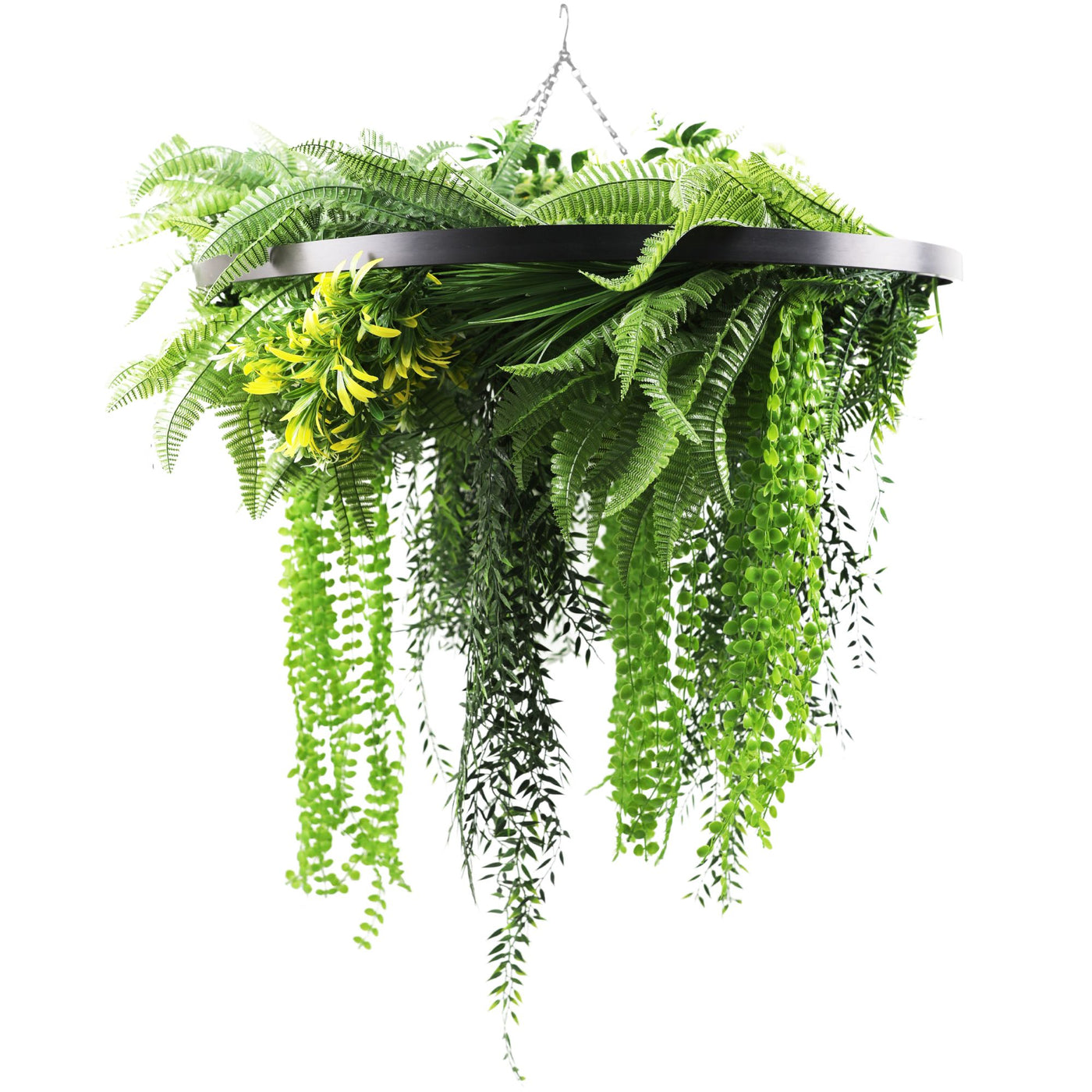 Black Artificial Hanging Plant Disc Chandelier with Realistic Draping Greenery & Ferns — 80cm UV Resistant