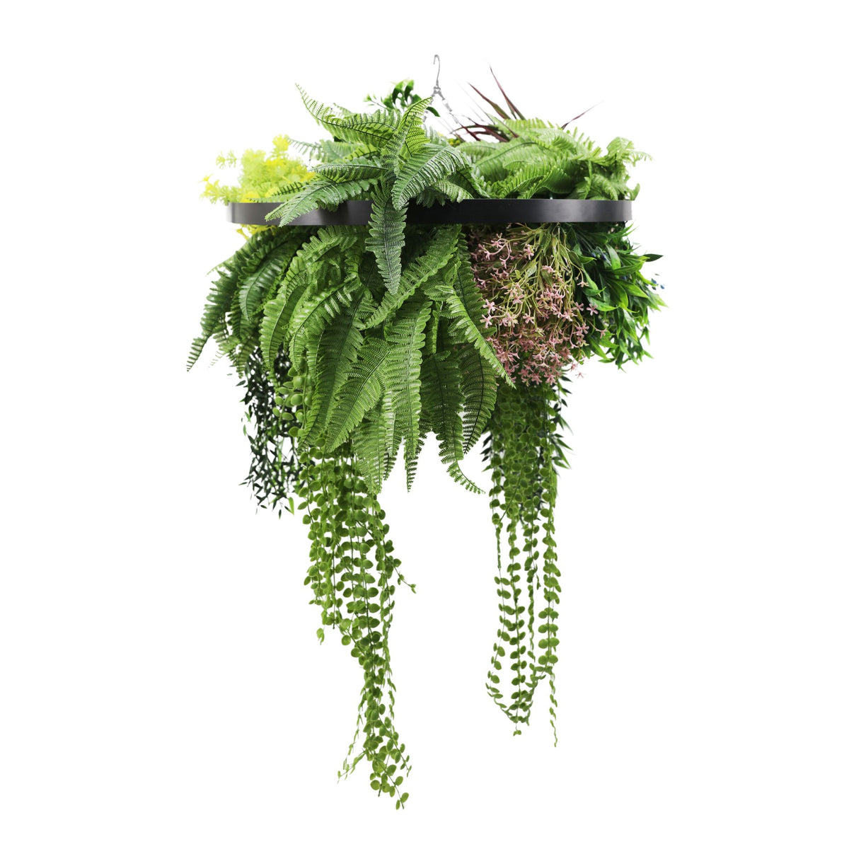 Black Artificial Hanging Plant Disc Chandelier with Tropical Fern Foliage & Trailing Greenery — 60cm UV Resistant