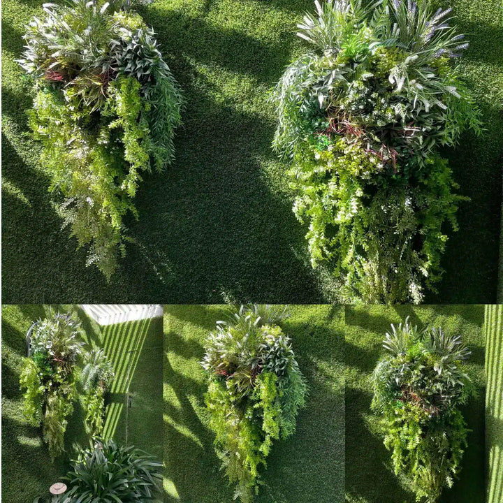 Collage of green plants on a textured wall