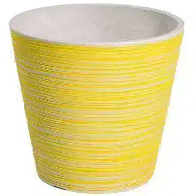 A yellow and white horizontally striped tapered planter pot with a ribbed exterior and a smooth white interior, shown against a plain white background.