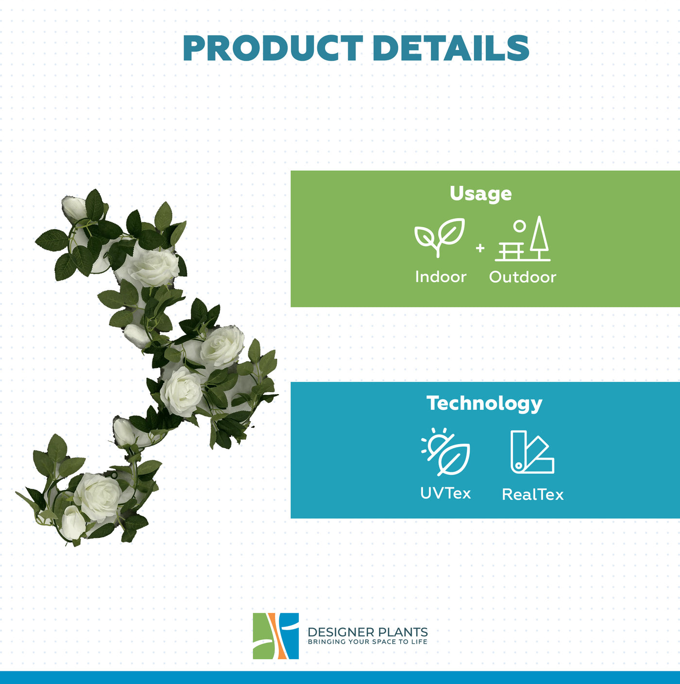 Flowering White Artificial Rose Garland 190cm