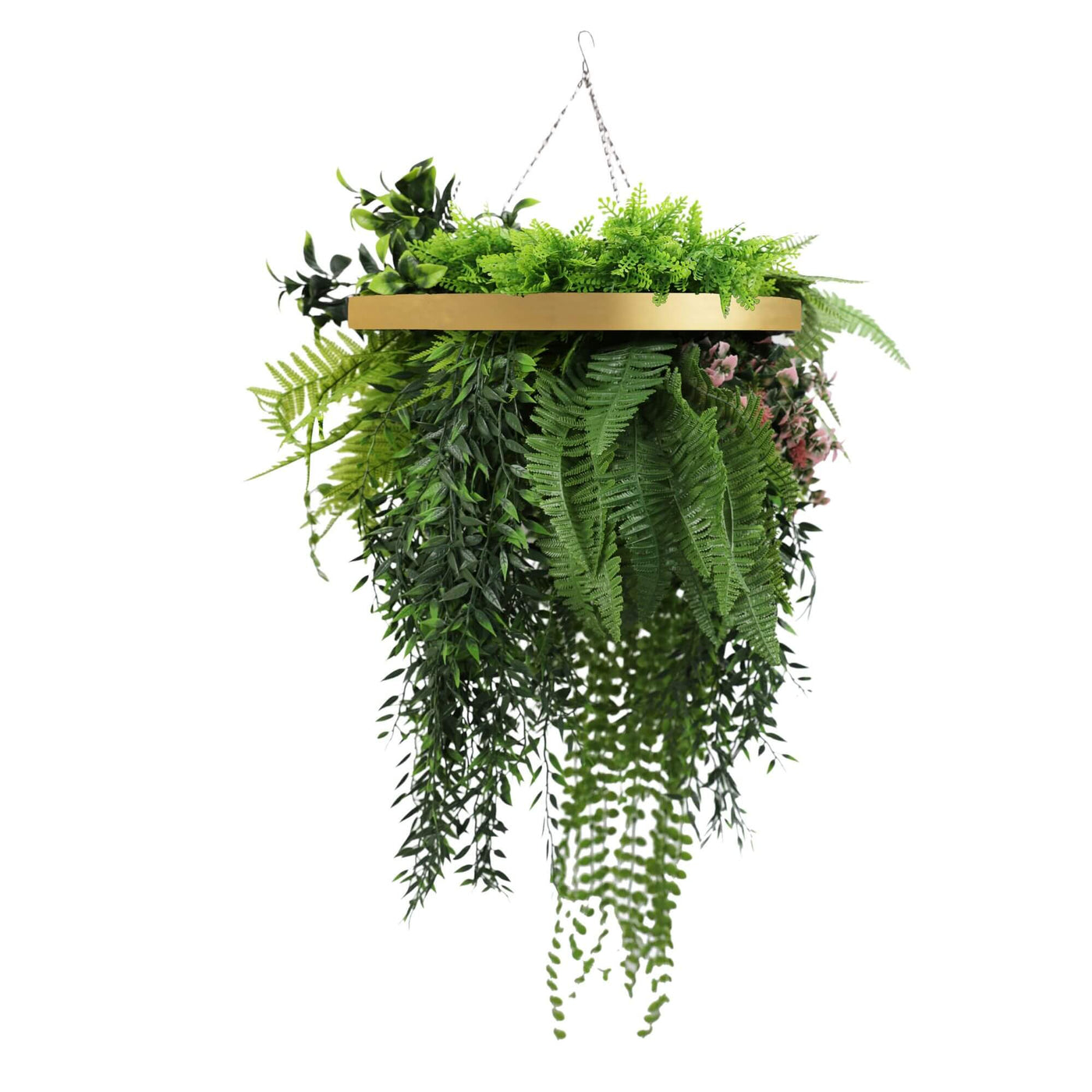 Gold Artificial Hanging Plant Disc Chandelier with Lush Draping Foliage — 40cm UV Resistant - Designer Plants