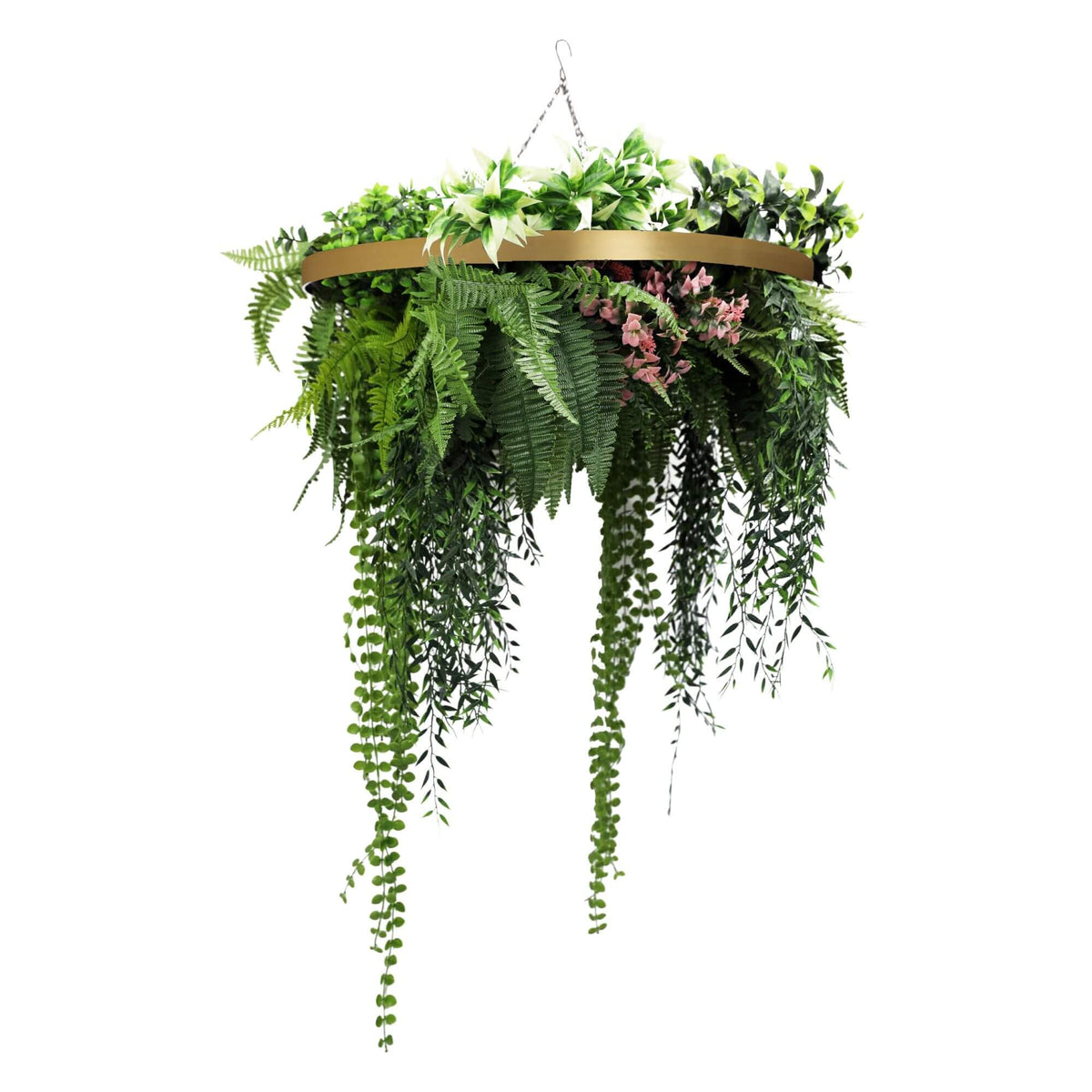 Gold Artificial Hanging Plant Disc Chandelier with Premium Fern Foliage & Trailing Greenery — 60cm UV Resistant