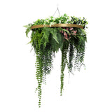 Gold Artificial Hanging Plant Disc Chandelier with Premium Fern Foliage & Trailing Greenery — 60cm UV Resistant