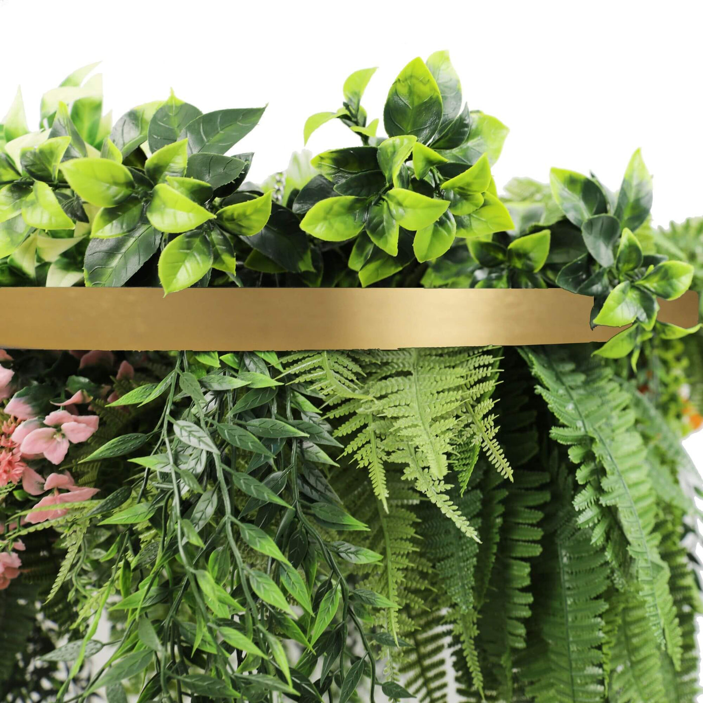 Gold Artificial Hanging Plant Disc Chandelier with Premium Fern Foliage & Trailing Greenery — 60cm UV Resistant