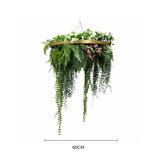 Gold Artificial Hanging Plant Disc Chandelier with Premium Fern Foliage & Trailing Greenery — 60cm UV Resistant