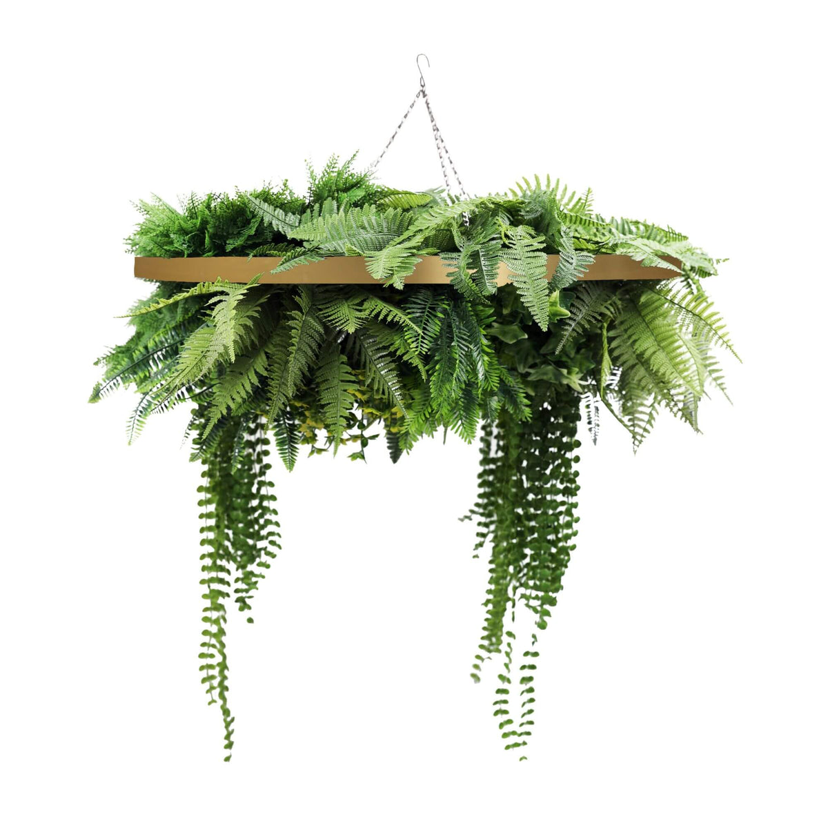 Gold Artificial Hanging Plant Disc Chandelier with Realistic Trailing Greenery & Ferns — 80cm UV Resistant - Designer Plants
