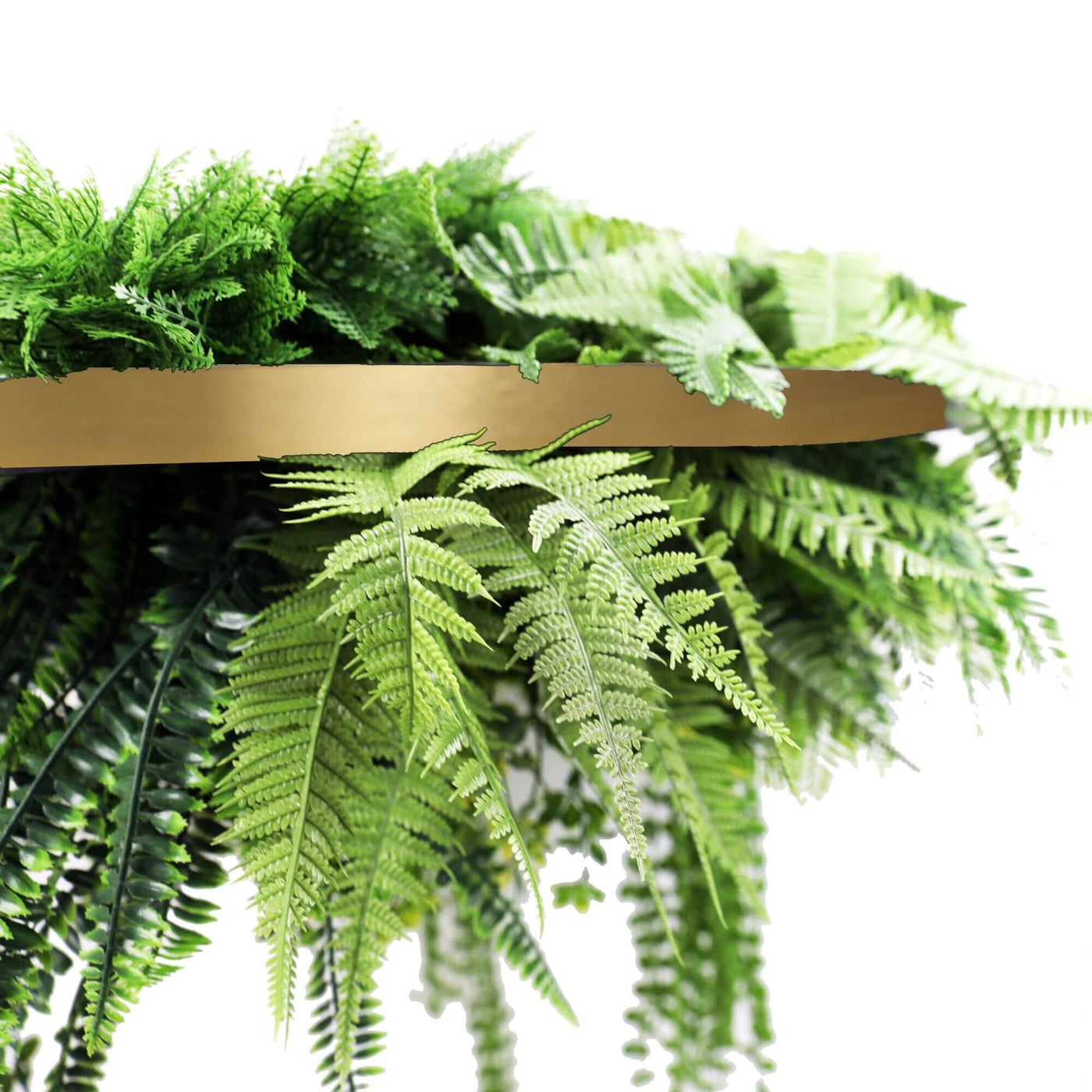 Gold Artificial Hanging Plant Disc Chandelier with Realistic Trailing Greenery & Ferns — 80cm UV Resistant