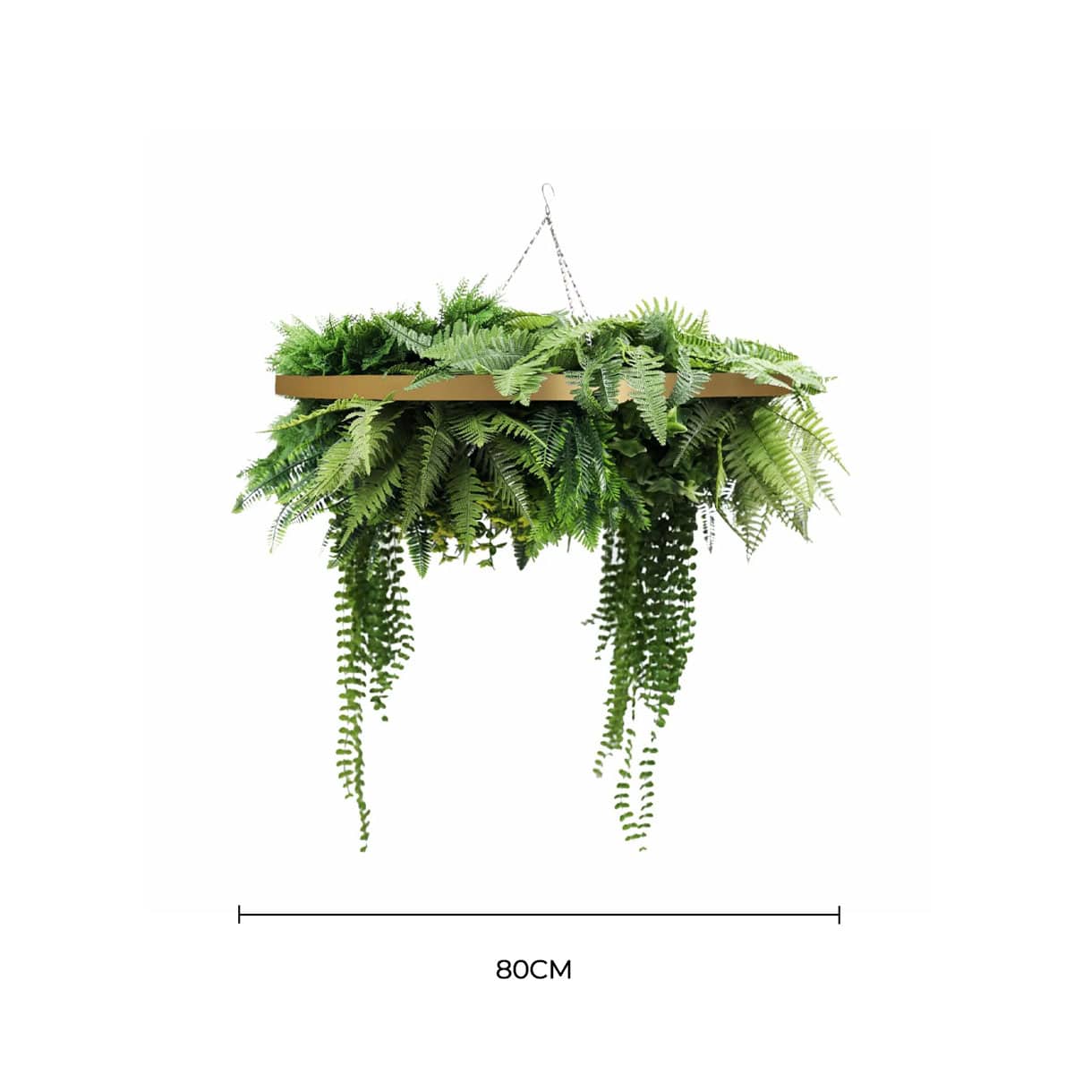 Gold Artificial Hanging Plant Disc Chandelier with Realistic Trailing Greenery & Ferns — 80cm UV Resistant