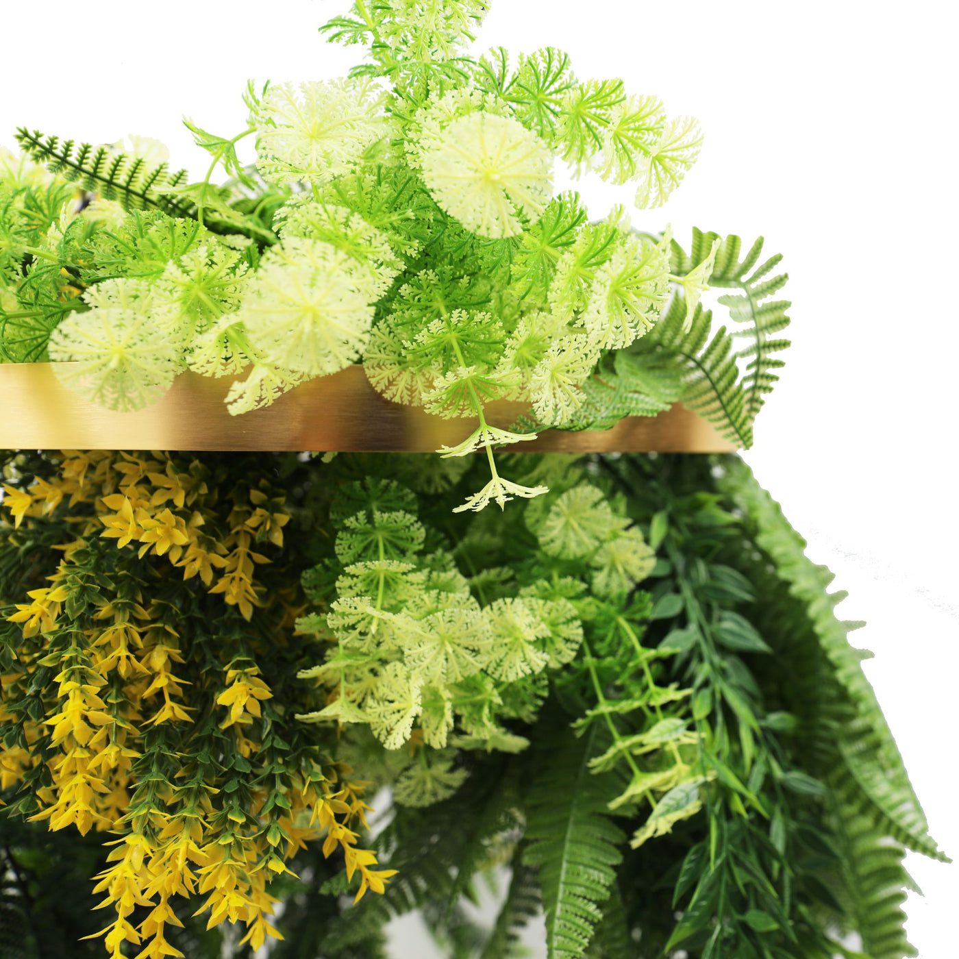 Gold Artificial Hanging Plant Disc Chandelier with Bright Tropical Trailing Foliage & Draping Ferns — 40cm UV Resistant