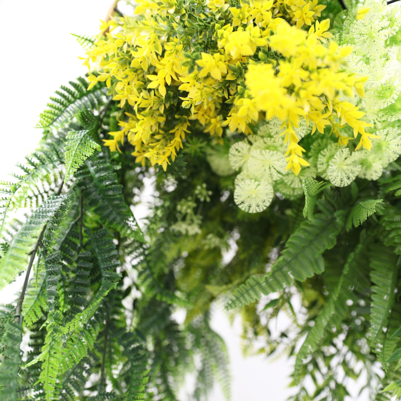 Gold Artificial Hanging Plant Disc Chandelier with Bright Tropical Trailing Foliage & Draping Ferns — 40cm UV Resistant