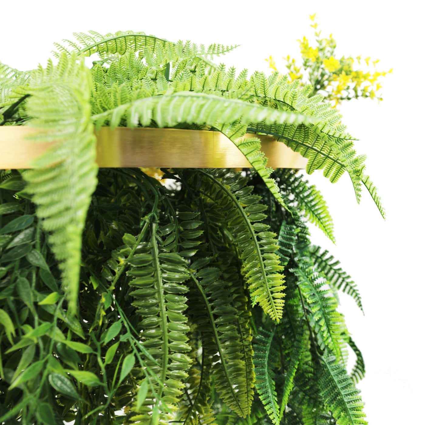 Gold Artificial Hanging Plant Disc Chandelier with Bright Tropical Trailing Foliage & Draping Ferns — 40cm UV Resistant