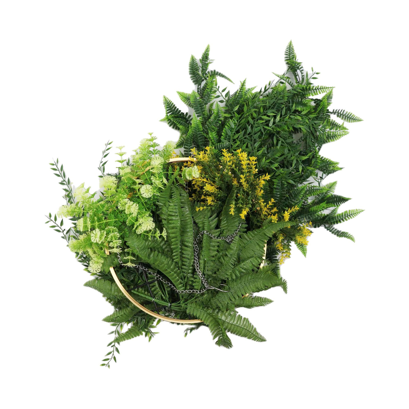Gold Artificial Hanging Plant Disc Chandelier with Bright Tropical Trailing Foliage & Draping Ferns — 40cm UV Resistant