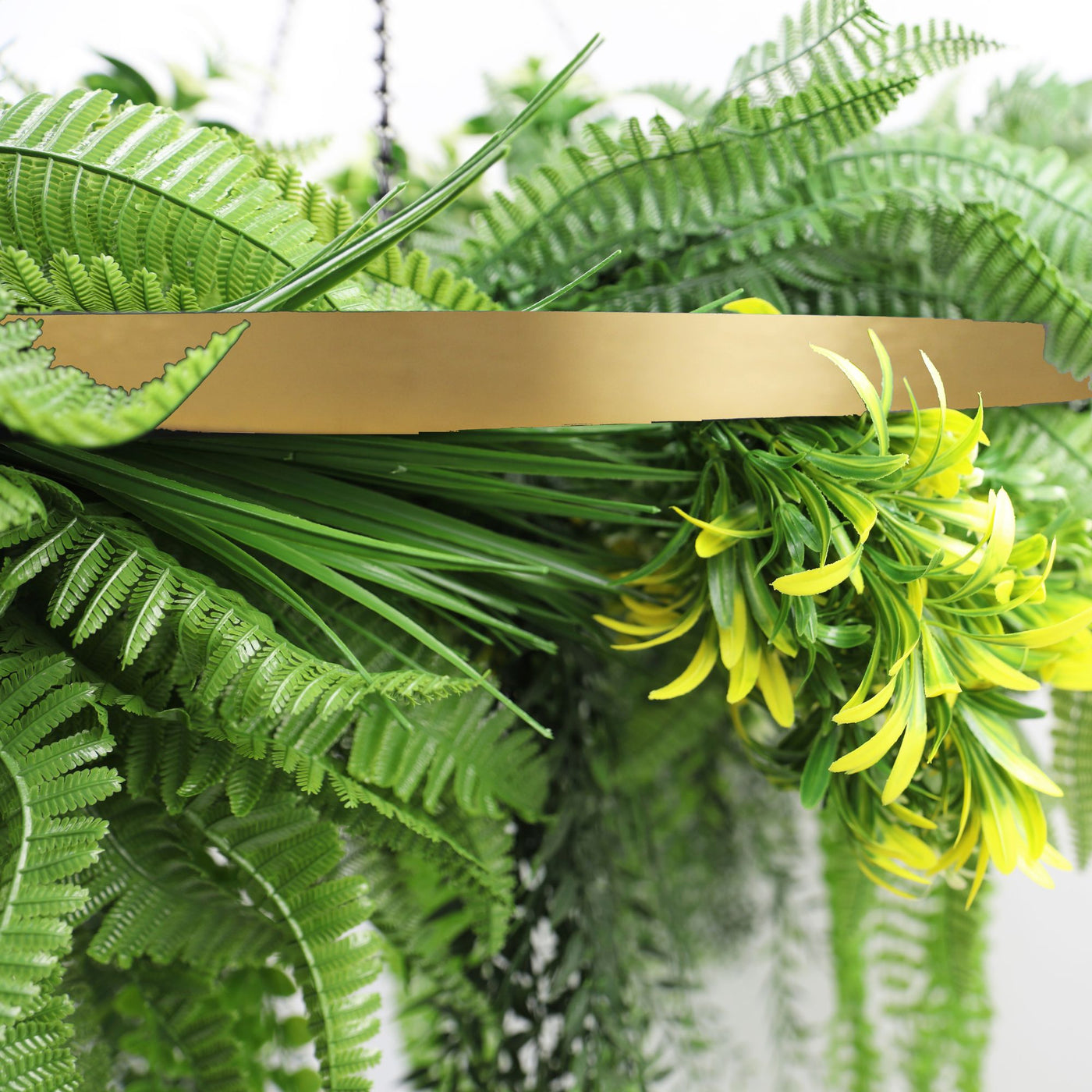 Gold Artificial Hanging Plant Disc Chandelier with Realistic Draping Greenery & Ferns — 80cm UV Resistant