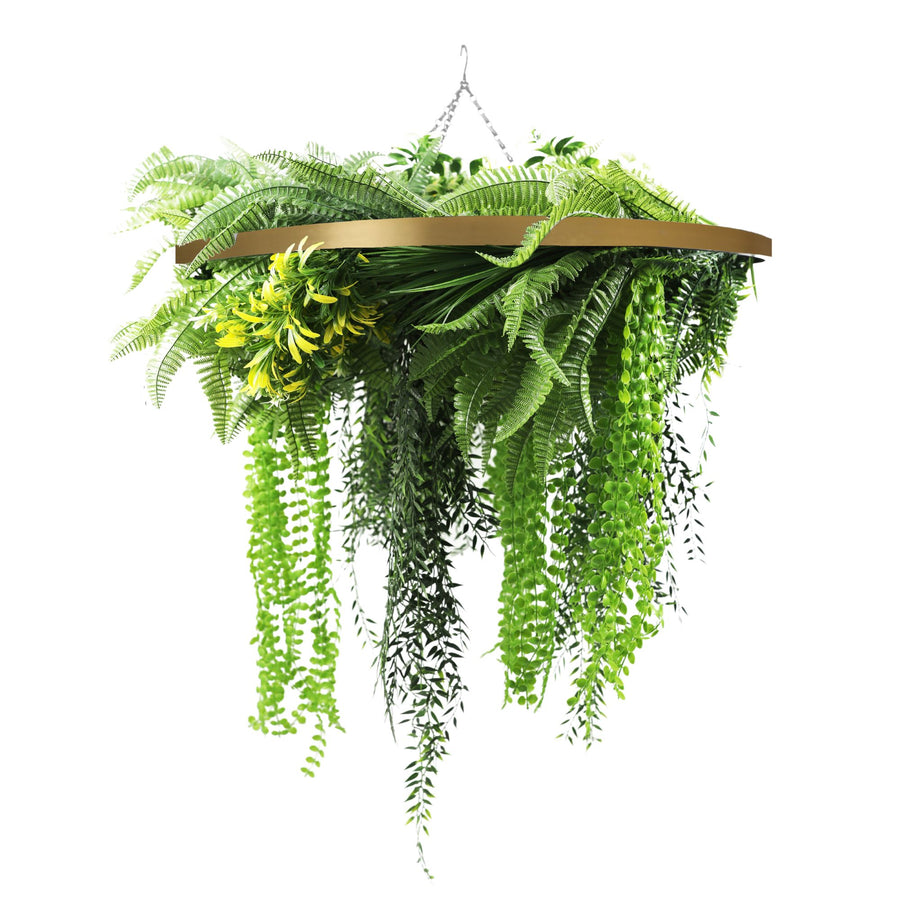 Gold Artificial Hanging Plant Disc Chandelier with Realistic Draping Greenery & Ferns — 80cm UV Resistant - Designer Plants