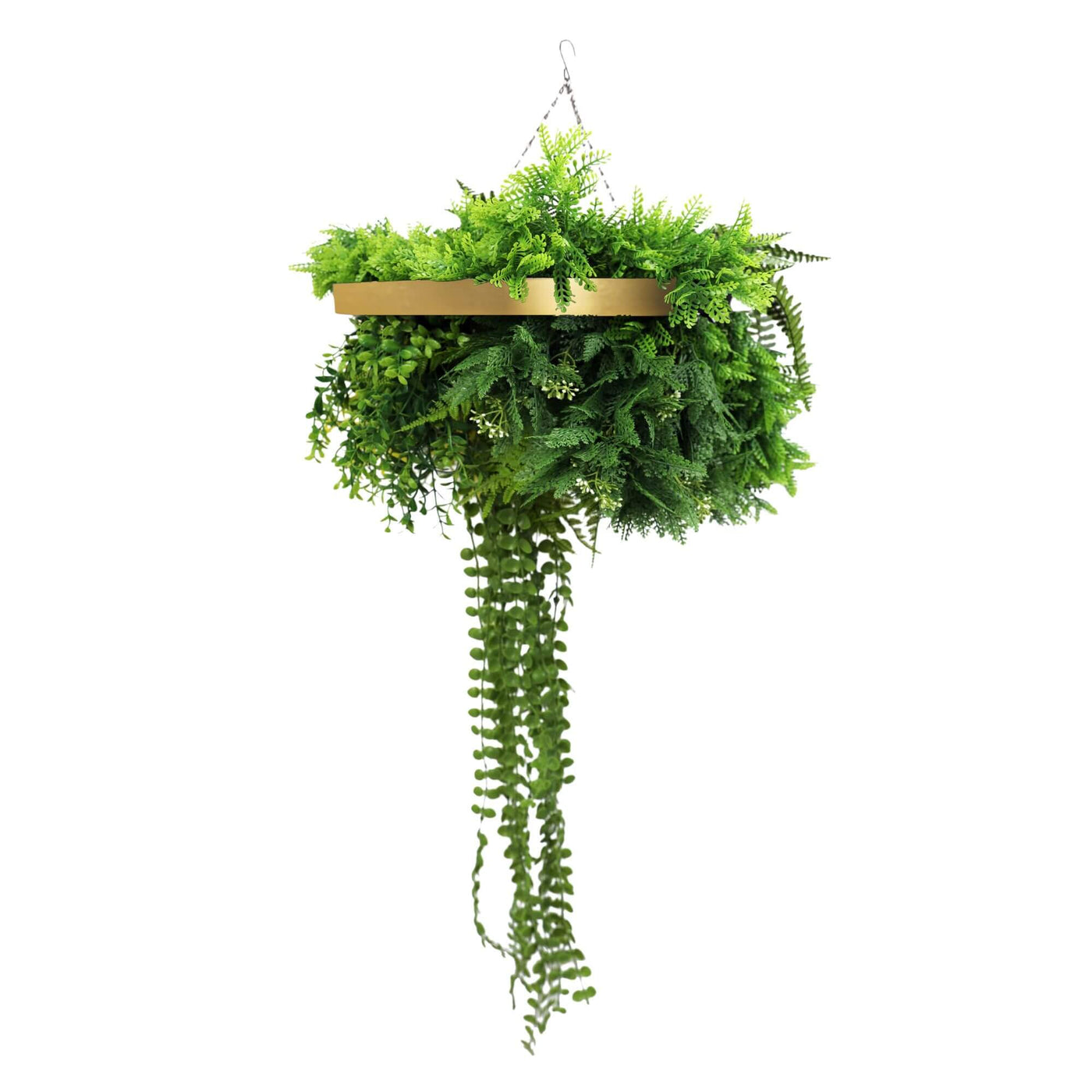 Gold Artificial Hanging Plant Disc Chandelier with Life-Like Trailing Foliage & Draping Greenery — 40cm UV Resistant