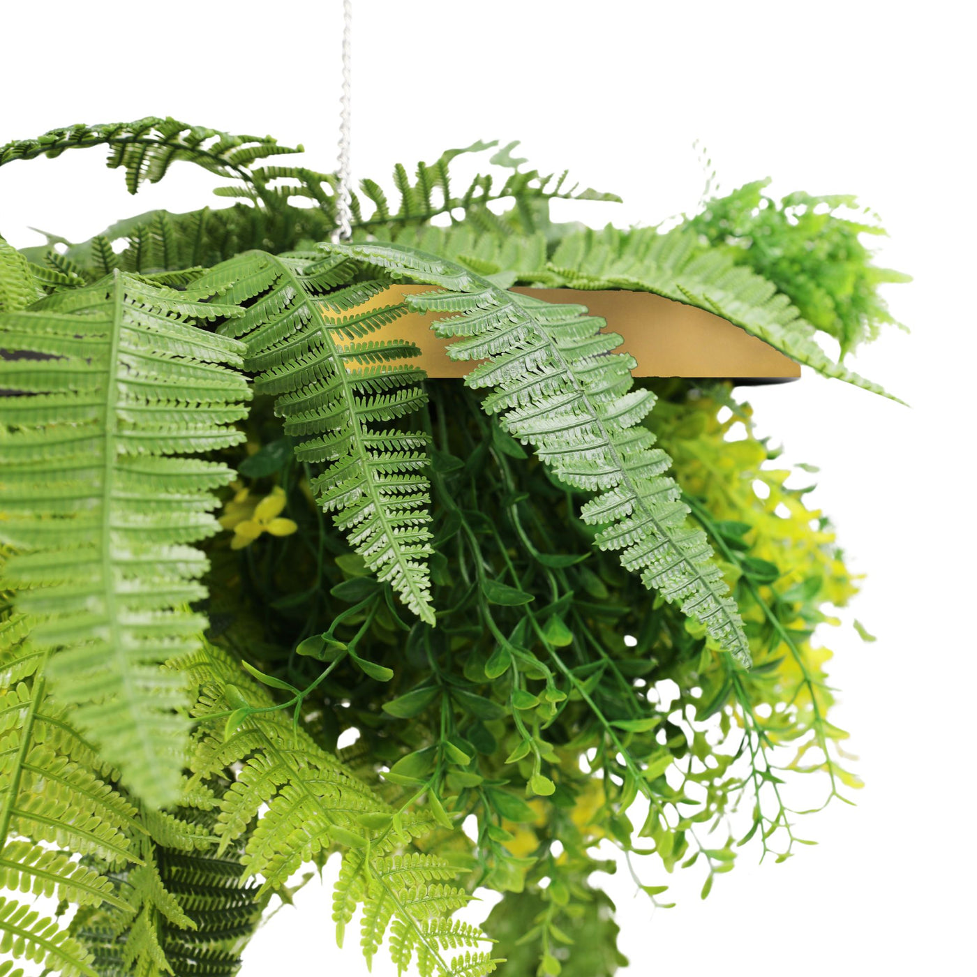 Gold Artificial Hanging Plant Disc Chandelier with Realistic Draping Greenery & Ferns — 80cm UV Resistant