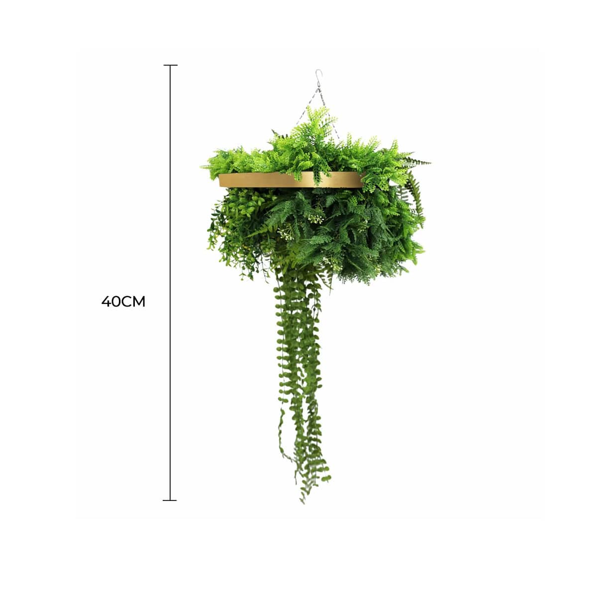 Gold Artificial Hanging Plant Disc Chandelier with Life-Like Trailing Foliage & Draping Greenery — 40cm UV Resistant
