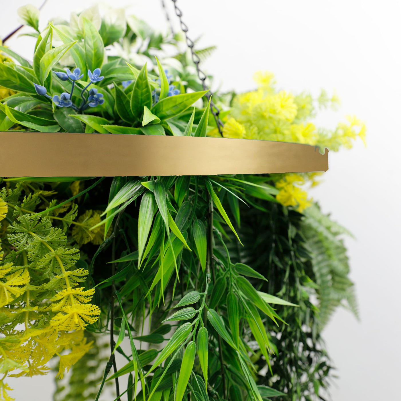 Gold Artificial Hanging Plant Disc Chandelier with Tropical Fern Foliage & Trailing Greenery — 60cm UV Resistant