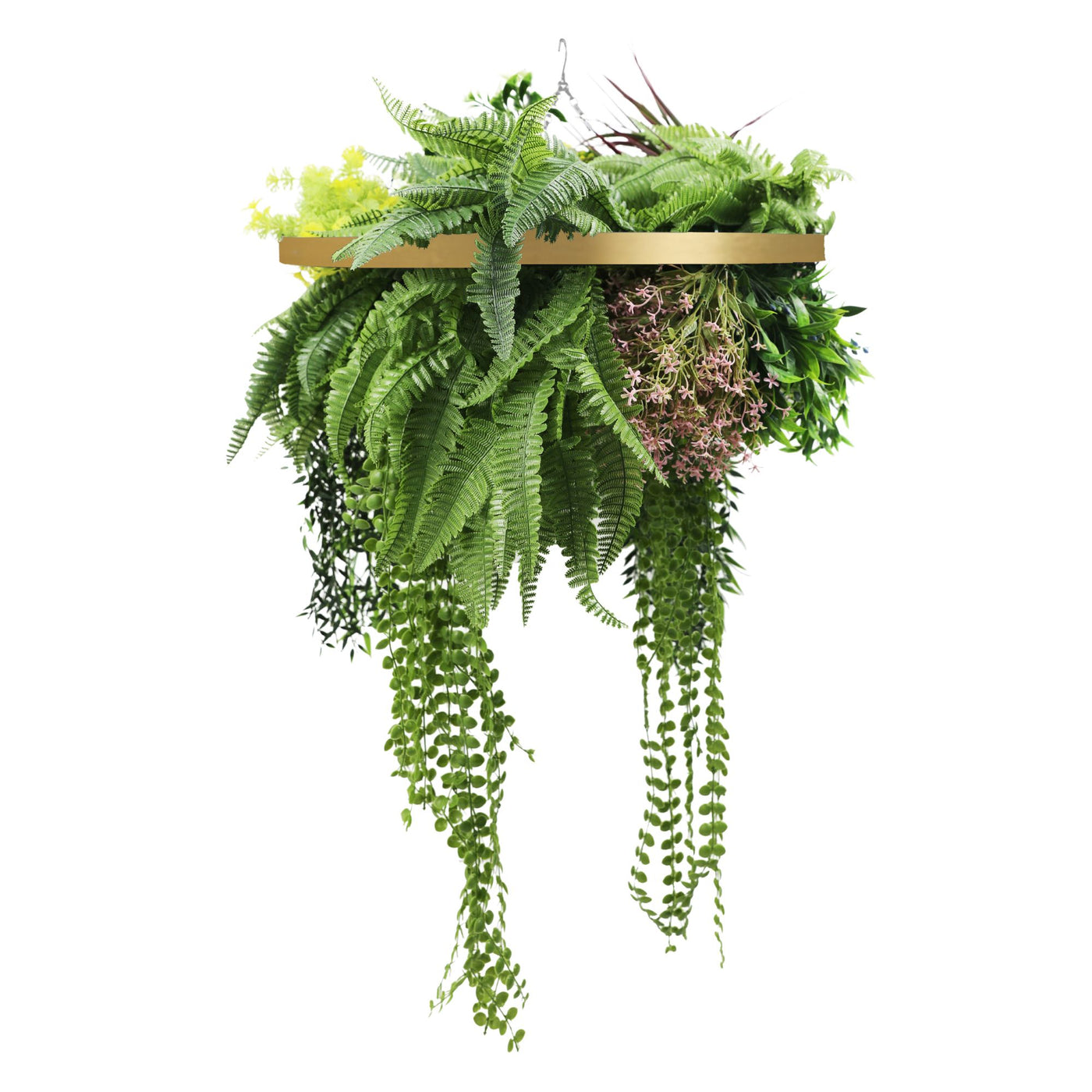 Gold Artificial Hanging Plant Disc Chandelier with Tropical Fern Foliage & Trailing Greenery — 60cm UV Resistant