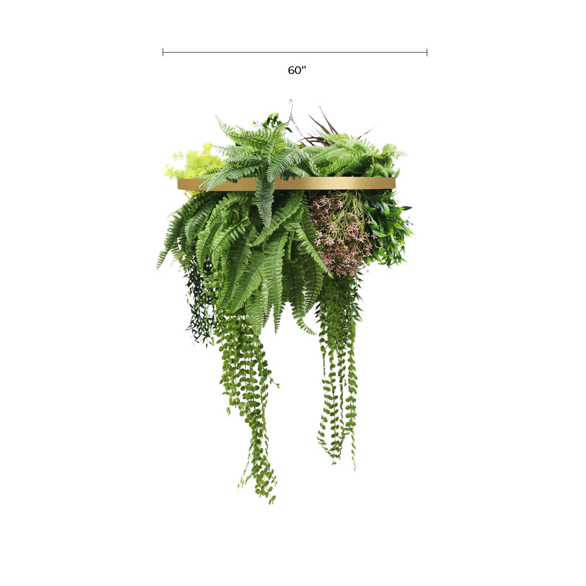 Gold Artificial Hanging Plant Disc Chandelier with Tropical Fern Foliage & Trailing Greenery — 60cm UV Resistant