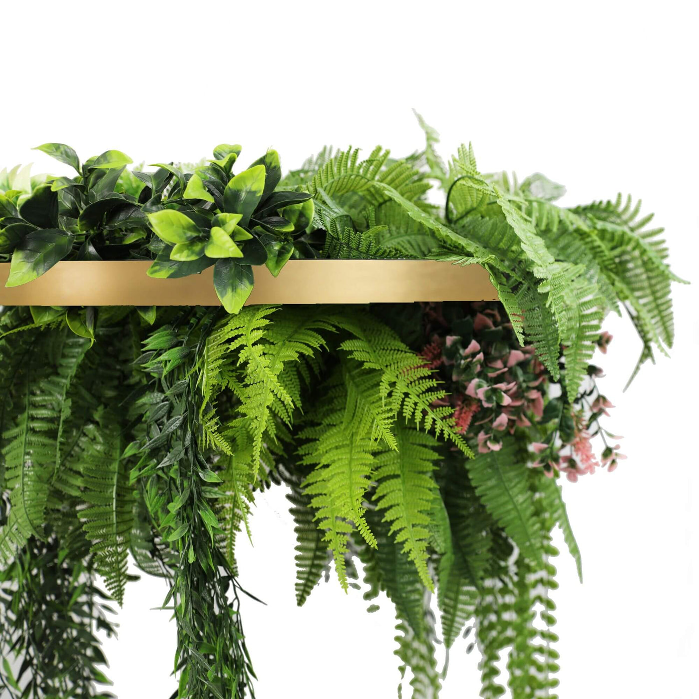Gold Artificial Hanging Plant Disc Chandelier with Cascading Greenery & Trailing Fern Foliage — 60cm UV Resistant