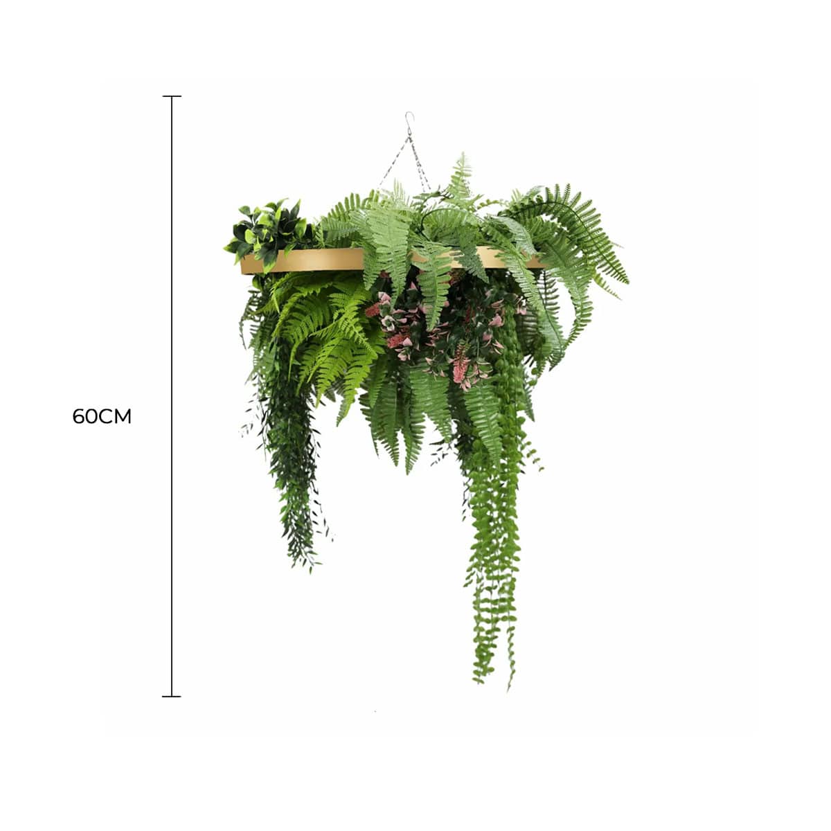 Gold Artificial Hanging Plant Disc Chandelier with Cascading Greenery & Trailing Fern Foliage — 60cm UV Resistant