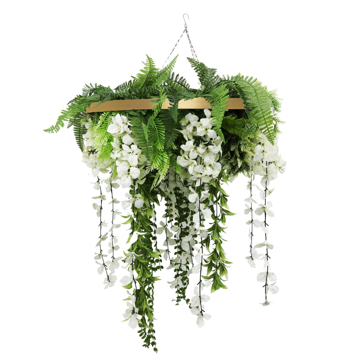 Gold Artificial Hanging Wisteria Disc Chandelier with Trailing White Blooms & Fern Foliage — 60cm UV Resistant