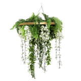 Gold Artificial Hanging Wisteria Disc Chandelier with Trailing White Blooms & Fern Foliage — 60cm UV Resistant