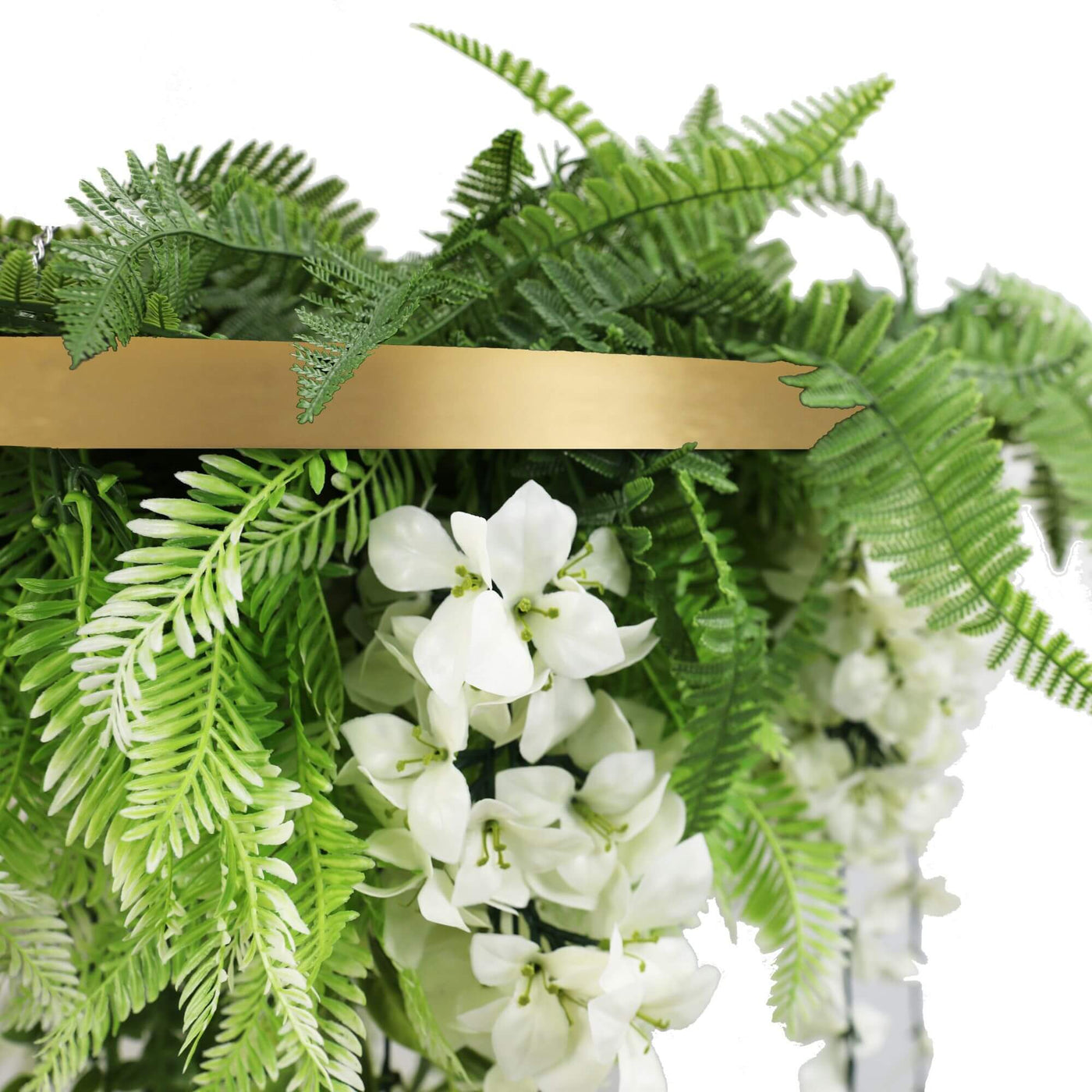 Gold Artificial Hanging Wisteria Disc Chandelier with Trailing White Blooms & Fern Foliage — 60cm UV Resistant