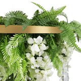 Gold Artificial Hanging Wisteria Disc Chandelier with Trailing White Blooms & Fern Foliage — 60cm UV Resistant
